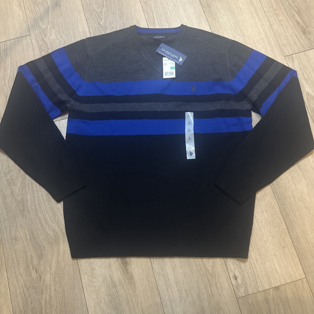 U.S. Polo Assn. Men's Long Sleeve Stripe V Neck Sweater Black Blue Size Large